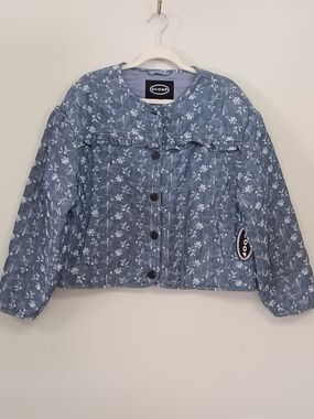 NWT Scoop Denim Eyelet Floral Embroidered Cropped Button Up Jacket Women's XL